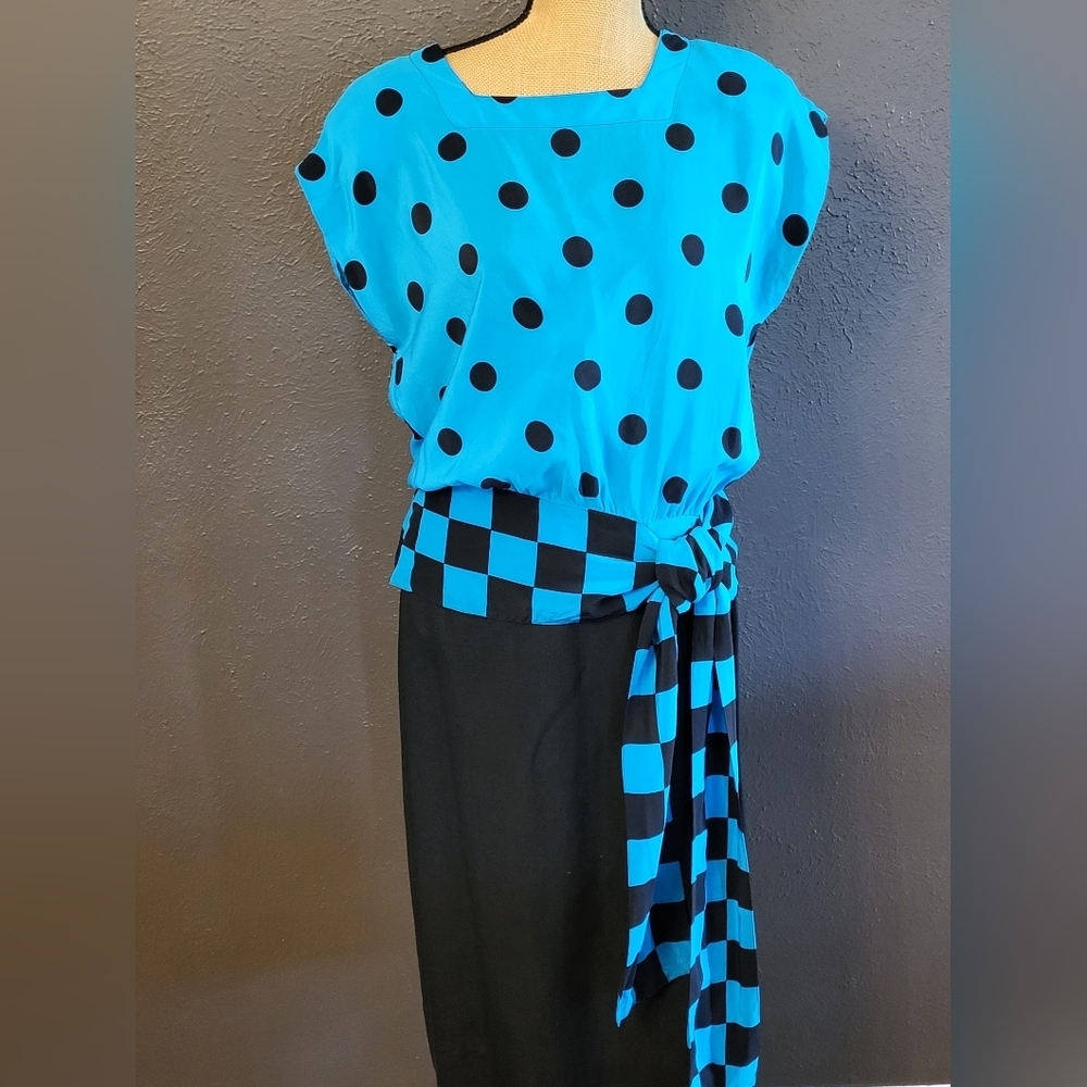 Adele Simpson Vtg 80s Skirt Set Blue/Black Size 14